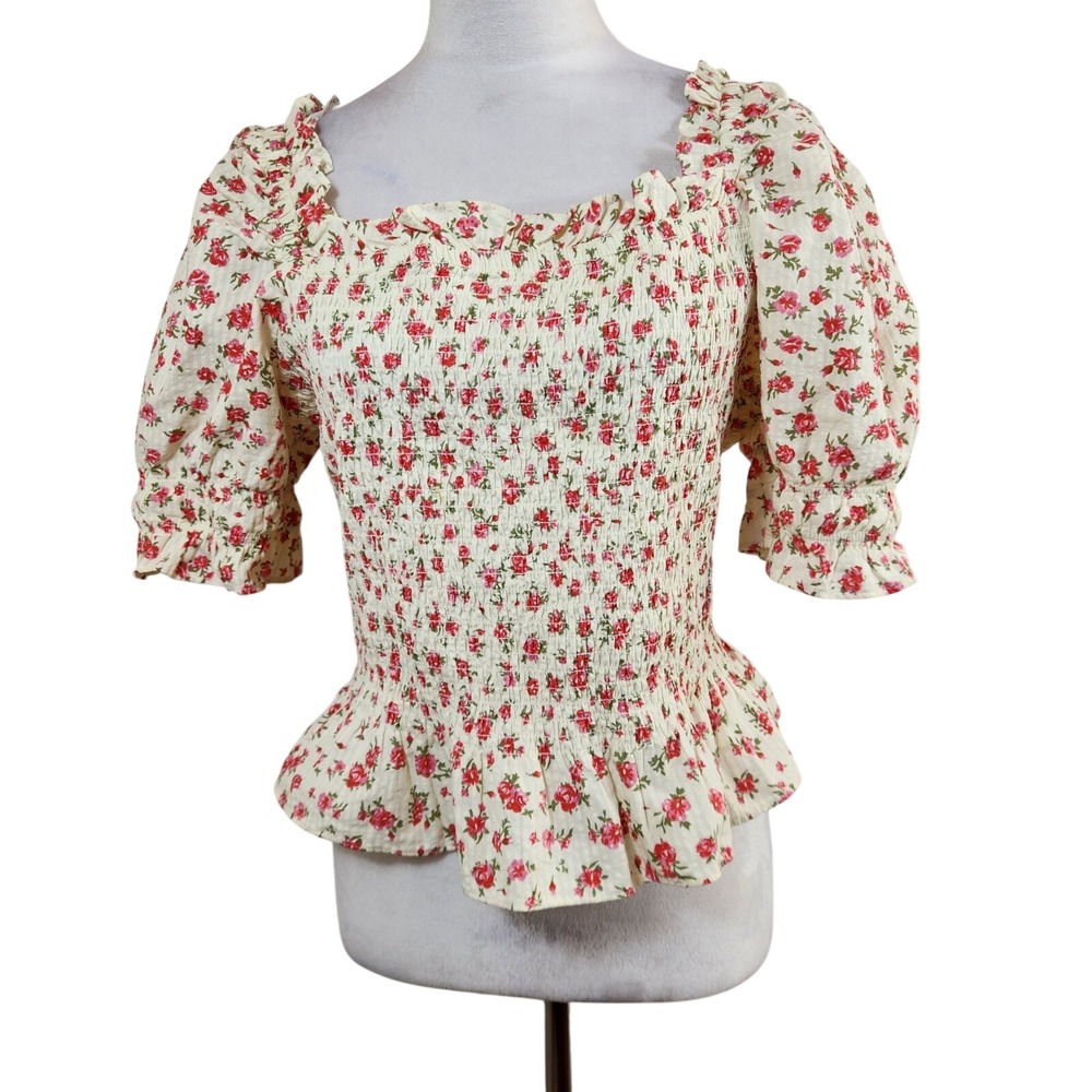 Primark Y2K Womens Floral Smocked Peplum Top Milkmaid Coquette Puff Sleeve Sz M
